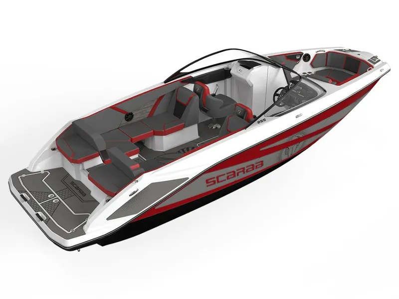 Slide: The Image of Scarab 255 LX 2026: Sleek design with red accents and spacious cockpit. - 4