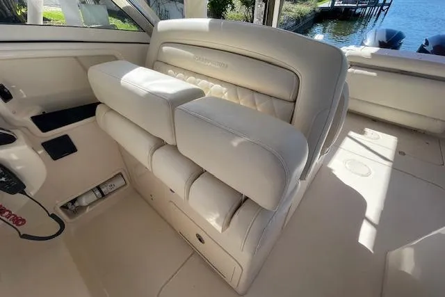 Slide: The Image of Luxurious seating on 2021 Grady-White Freedom 325 boat, featuring elegant upholstery and spacious design. - 38