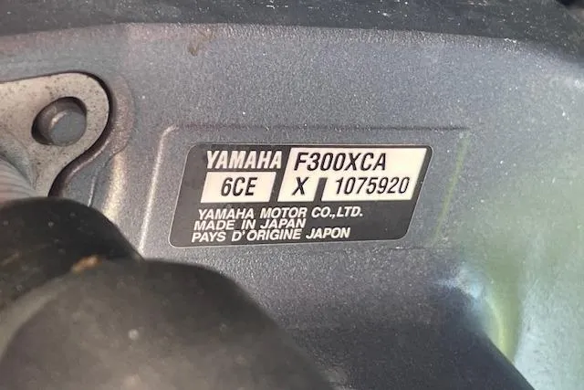 Slide: The Image of Yamaha F300XCA engine label on 2021 Grady-White Freedom 325 boat, made in Japan. - 19