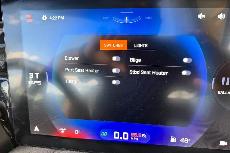 Slide: The Image of Touchscreen control panel of 2025 Tigé Ultré 25ZX boat, displaying switches and settings. - 35