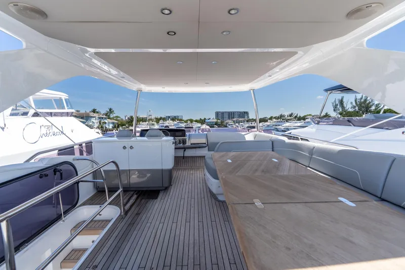 Slide: The Image of Luxurious 2021 Princess F55 yacht deck with elegant seating and dining area. - 28