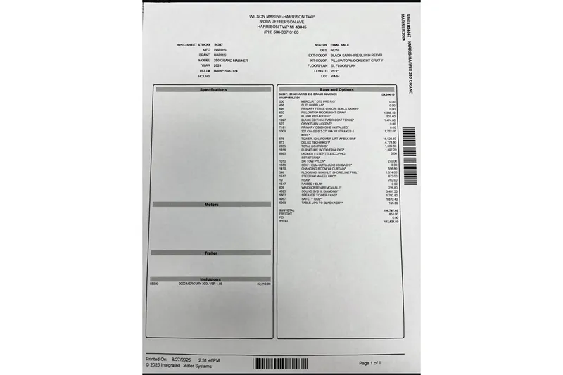 Slide: The Image of 2024 Harris Grand Mariner 250 spec sheet with options and pricing details. - 30