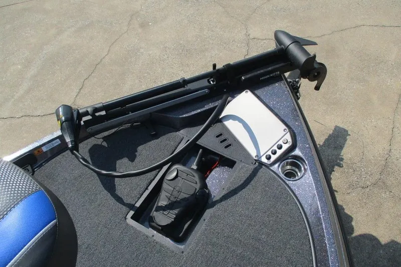 Slide: The Image of 2022 Ranger Z185 boat deck with trolling motor and control panel. - 2