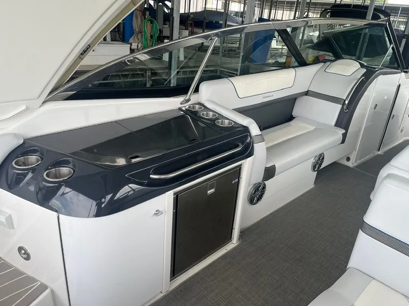 Slide: The Image of The image shows the cockpit of a 2019 Formula 350 Crossover Bowrider with sleek seating and a helm. - 17