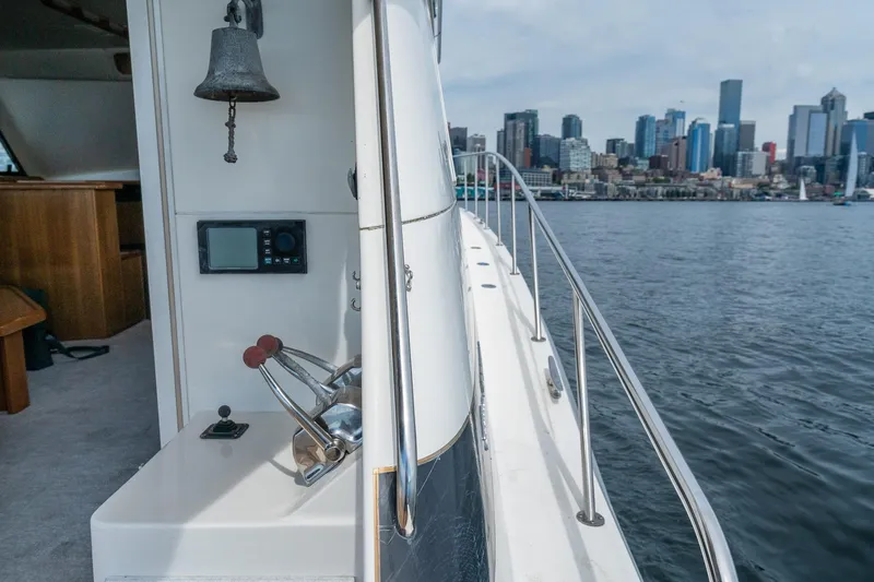 Slide: The Image of 1999 Riviera 48 Convertible yacht with city skyline in the background. - 25