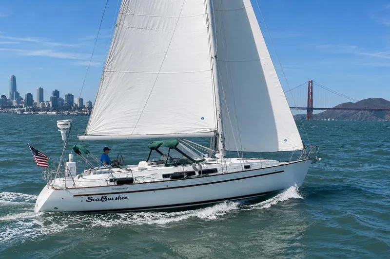 The Image of Sailing yacht Beneteau Oceanis 40 CC, 1996, cruising near Golden Gate Bridge, San Francisco skyline. - 0