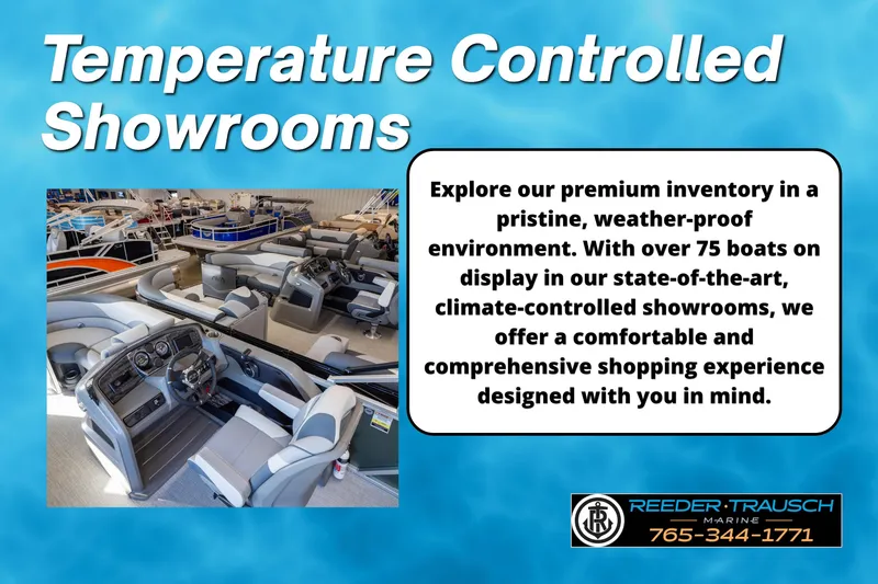 Slide: The Image of Temperature controlled showroom featuring 2025 Avalon 2585 Excal VRBW boats for sale. - 31