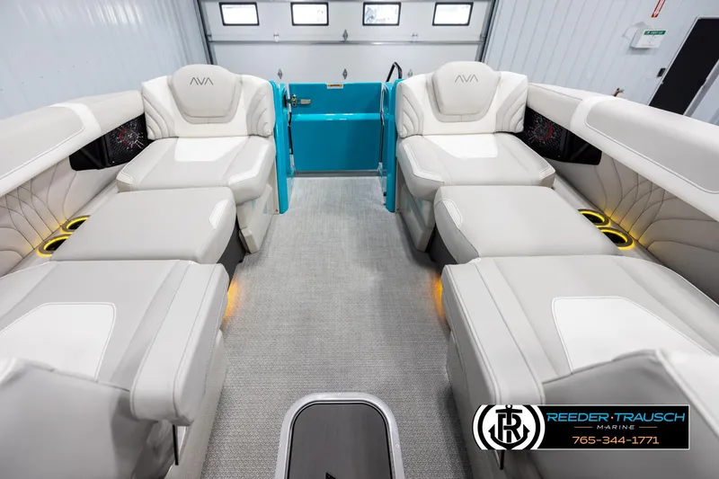 Slide: The Image of Luxurious interior of 2025 Avalon 2585 Excal VRBW boat with plush seating. - 22