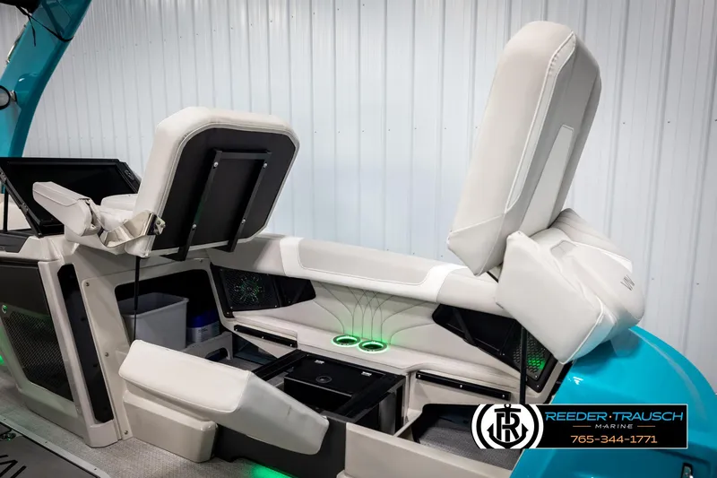 Slide: The Image of Luxurious seating in 2025 Avalon 2585 Excal VRBW boat with modern design and ambient lighting. - 26