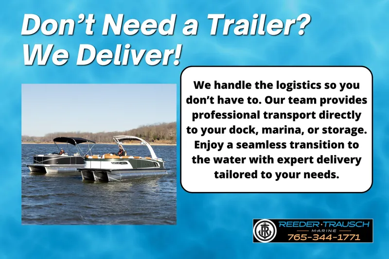 Slide: The Image of 2025 Avalon 2585 Excal VRBW pontoon boat on water, delivery service advertisement. - 19