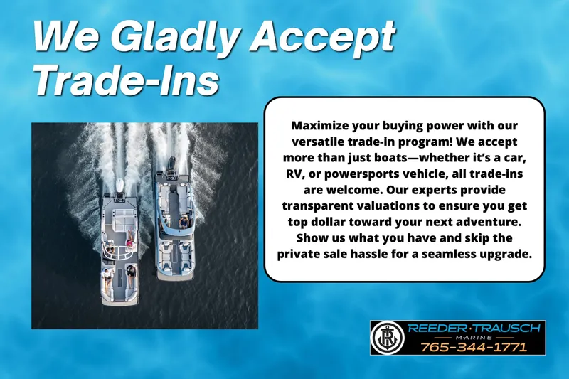 Slide: The Image of Three Avalon 2585 Excal VRBW boats on water, promoting trade-in program for vehicles. - 7