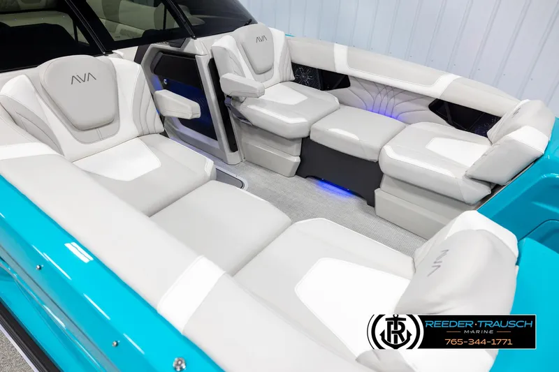 Slide: The Image of Luxurious interior of 2025 Avalon 2585 Excal VRBW boat with plush seating. - 10