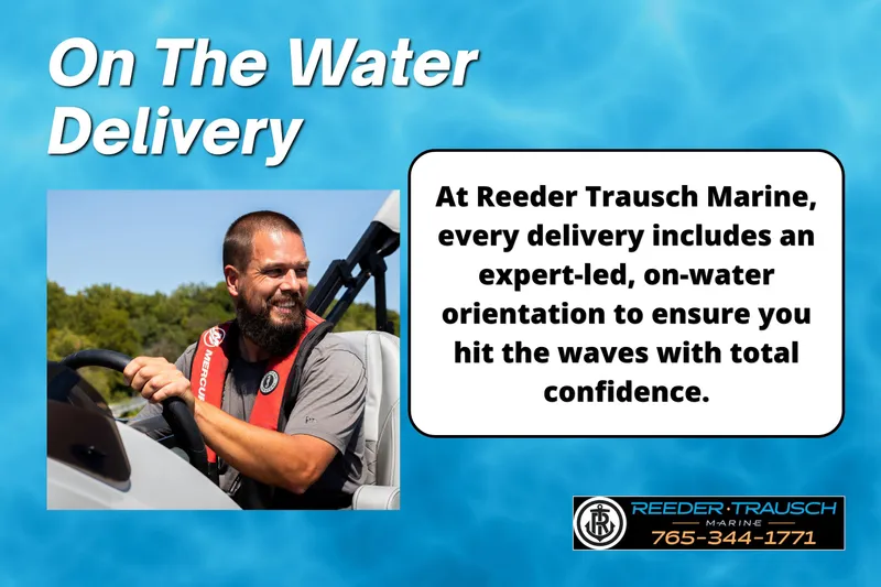 Slide: The Image of Man steering Avalon 2585 Excal VRBW boat, promoting Reeder Trausch Marine's expert-led delivery service. - 3