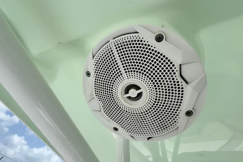 Slide: The Image of White speaker on 2015 Sea Hunt Ultra 234 boat ceiling, against light green background. - 18