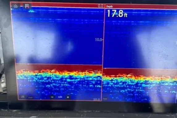 Slide: The Image of Sonar display showing 17.8 ft depth on a 2007 Sea Ray 44 Sedan Bridge. - 19