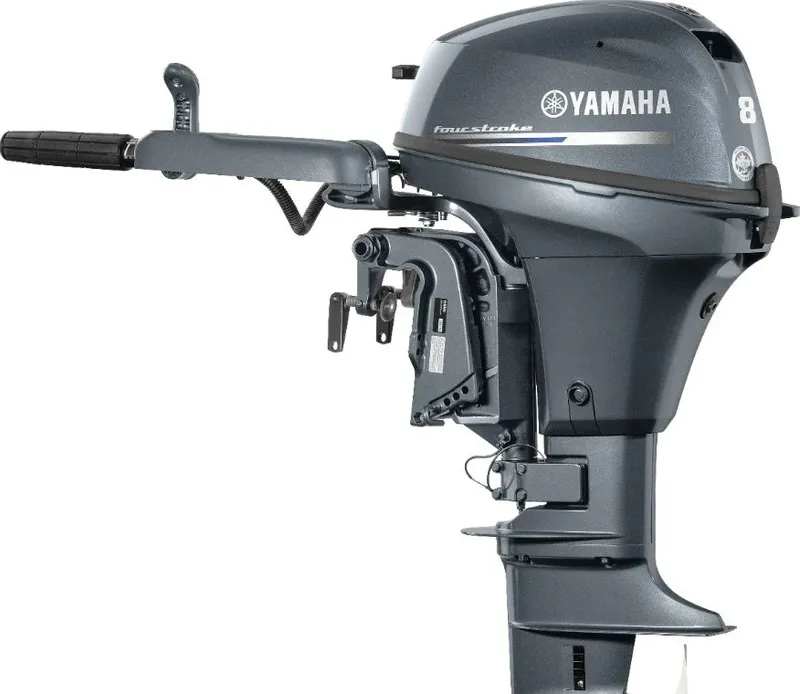 The Image of Yamaha outboard motor F8LMHB, 2022 model, featuring a gray casing and black handle. - 1