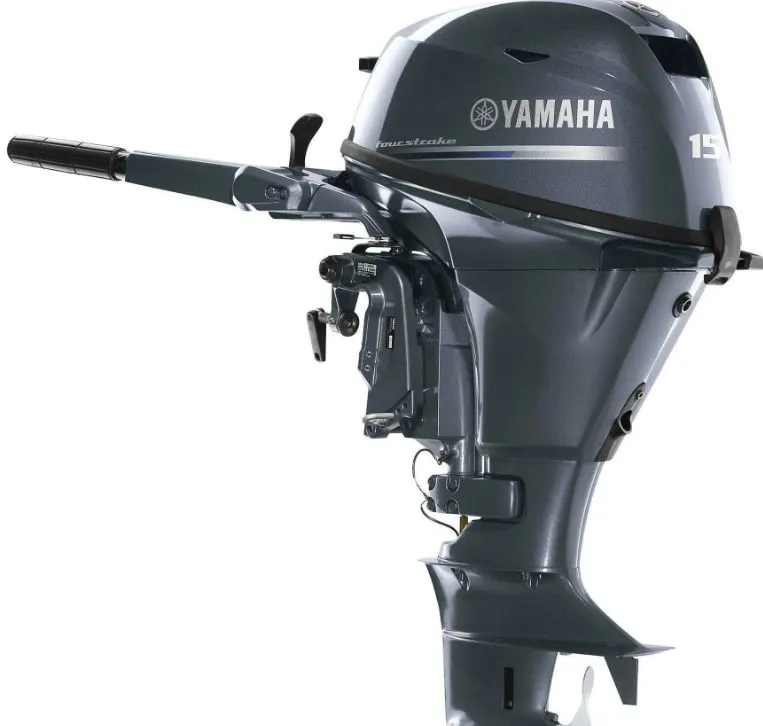 The Image of A Yamaha outboard motor, model F15SMHA from 2022, in dark gray color. - 1