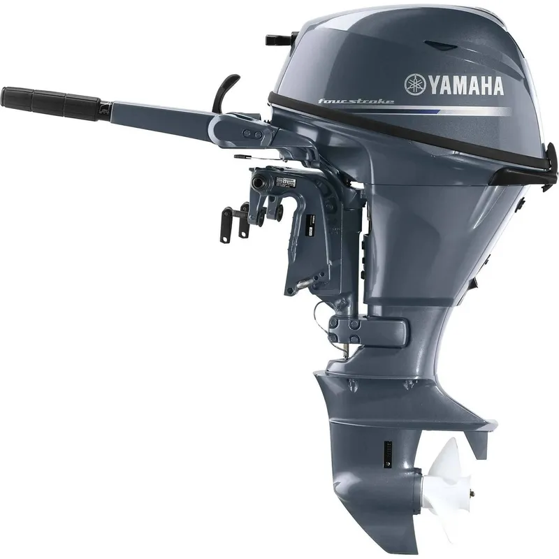 Slide: The Image of Yamaha outboard motor F15SMHA, 2022 model, in gray with propeller and steering handle. - 3