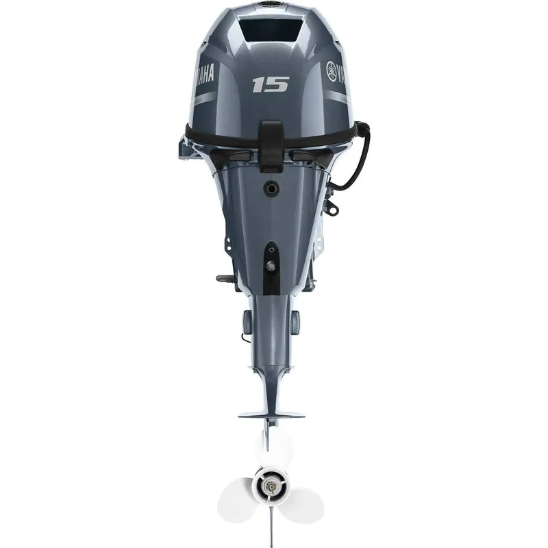 Slide: The Image of Yamaha outboard motor F15LEHA, year 2022, in gray color, with propeller visible. - 4