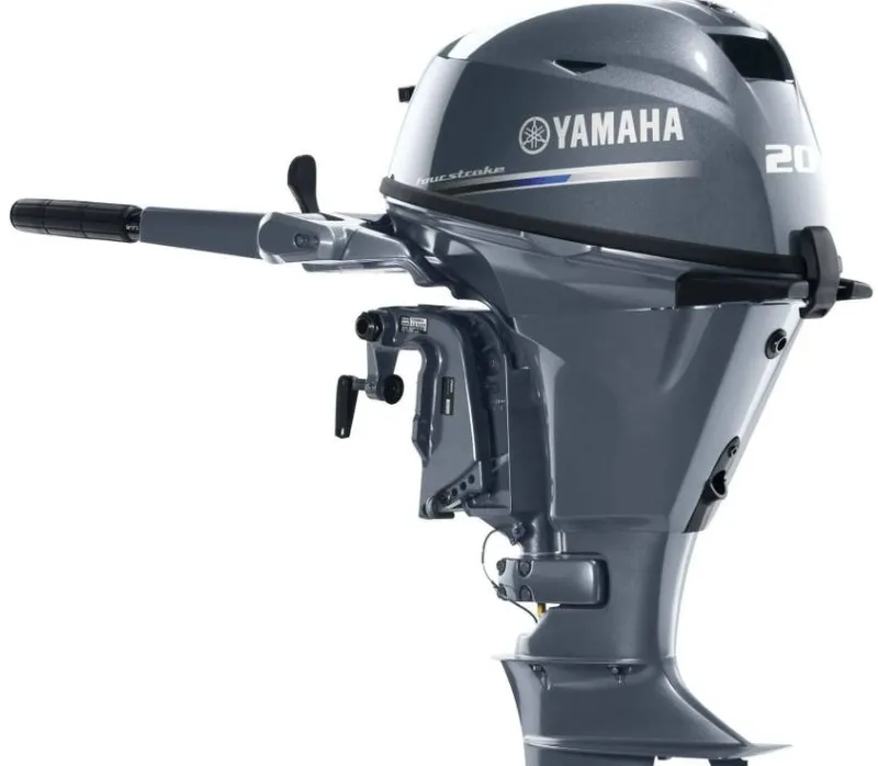 The Image of Yamaha outboard motor F20LWHB, 2023 model, in gray with a tiller handle and propeller. - 1