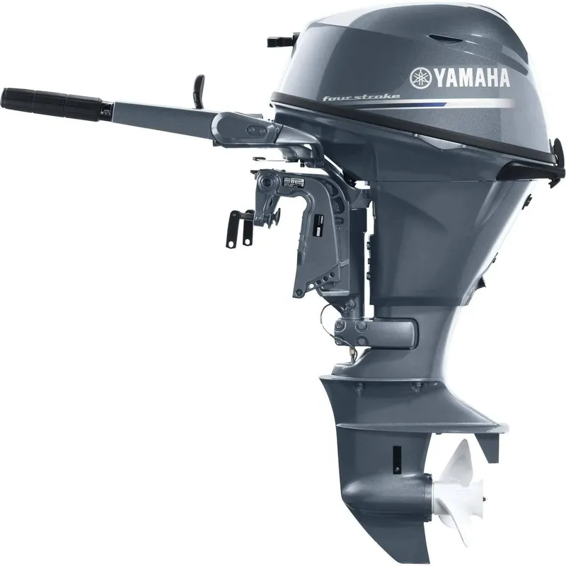Slide: The Image of Yamaha outboard motor F20LWHB, 2023 model, in gray, featuring a propeller and control handle. - 3
