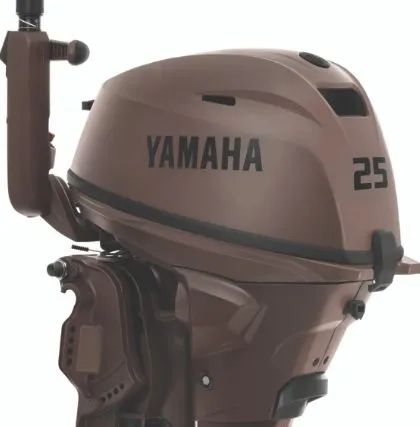 The Image of Yamaha 25 HP outboard motor in brown, 2024 model, featuring a sturdy design. - 1