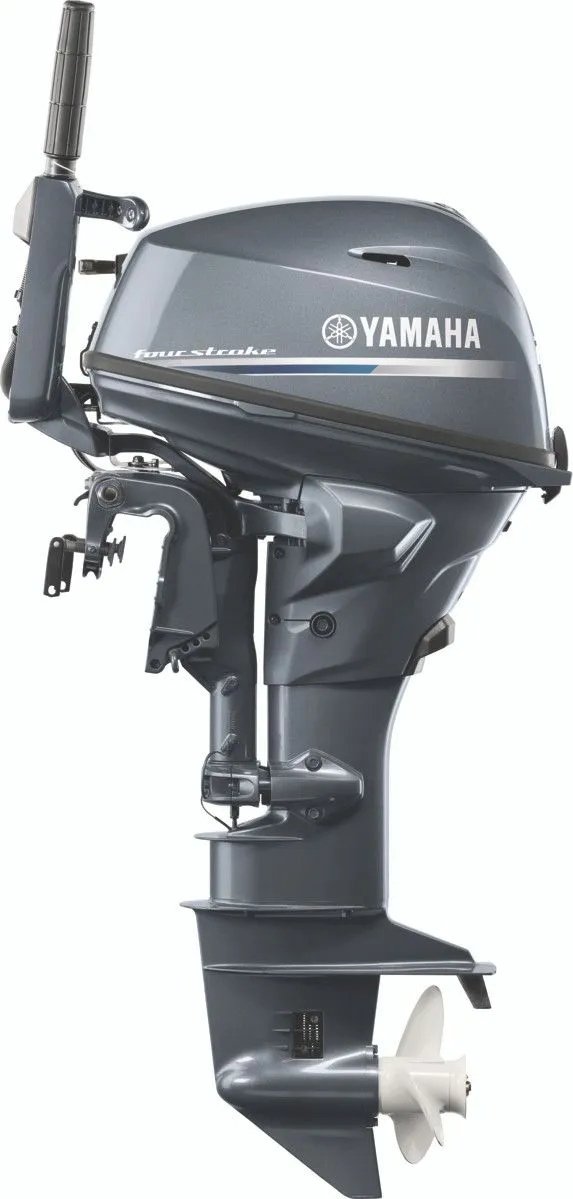 Slide: The Image of Yamaha outboard motor F25LWTHC, 2024 model, in gray with propeller and controls. - 3