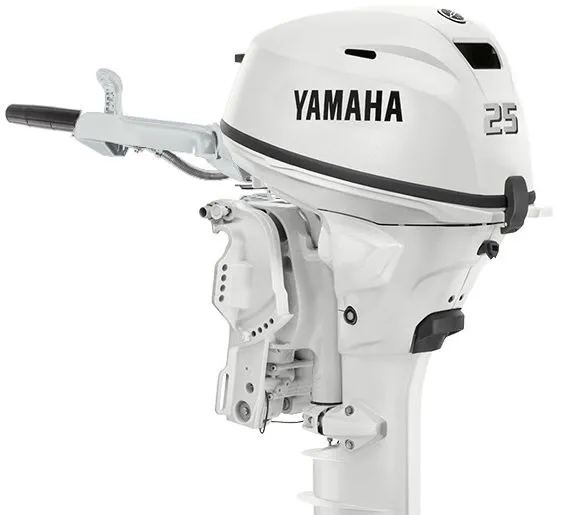 The Image of Yamaha 25 HP outboard motor, 2024 model, in white with black logo. - 1