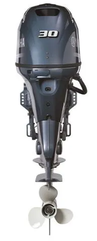 Slide: The Image of Yamaha F30LA outboard motor, 2022 model, featuring a dark casing and propeller. - 4