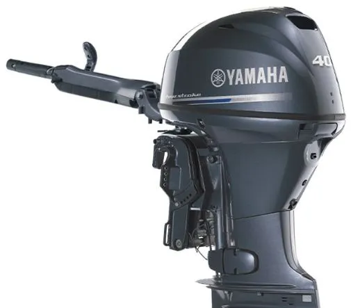 The Image of Yamaha F40LEHA outboard motor from 2022, dark gray with Yamaha logo and control handle. - 1