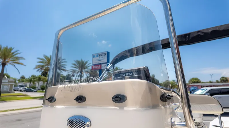 Slide: The Image of Close-up of a Carolina Skiff 17 LS console with Garmin device. - 19