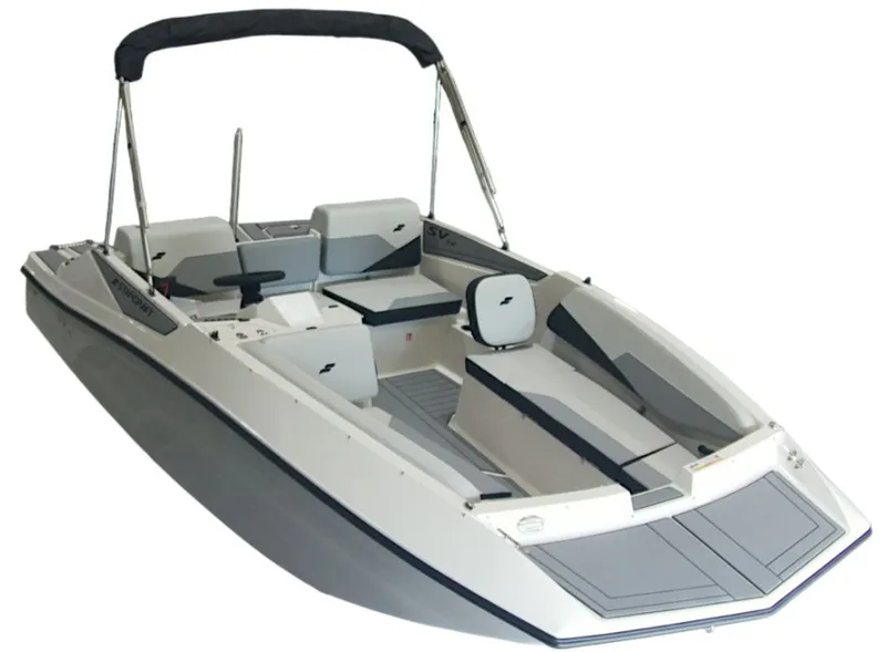 The Image of The image shows a modern Starcraft SV 16 OB boat with gray and white seating. - 1