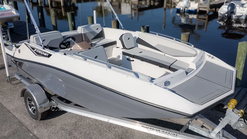 Slide: The Image of A modern Starcraft J7 JET Standard boat on a trailer, ready for the water. - 3