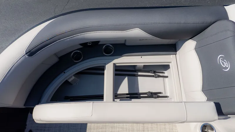 Slide: The Image of Interior view of a Barletta Sanza 20L boat with gray upholstery and cup holders. - 15