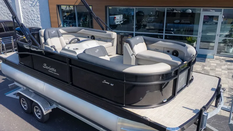 Slide: The Image of 2026 Barletta Sanza 20L on a trailer, featuring sleek seating and modern design. - 3