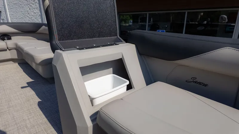 Slide: The Image of Interior of a 2026 Barletta Sanza 20L with seating and storage space. - 13