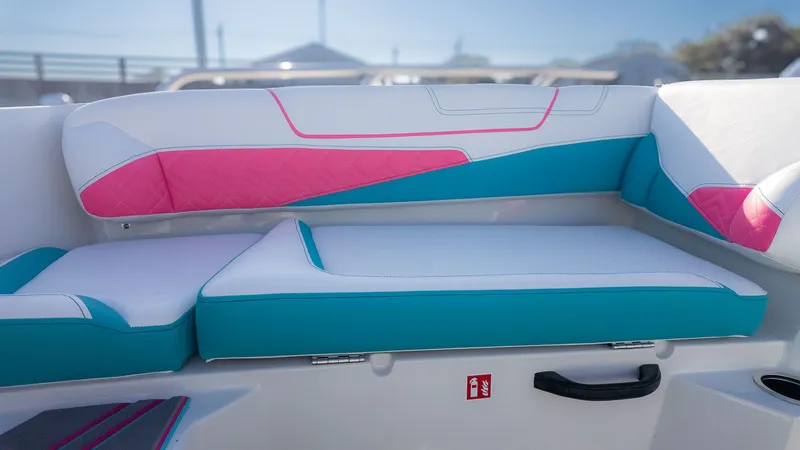 Slide: The Image of The 2027 Starcraft J7 JET SUPER SPORT features colorful upholstery in white, pink, and turquoise. - 9