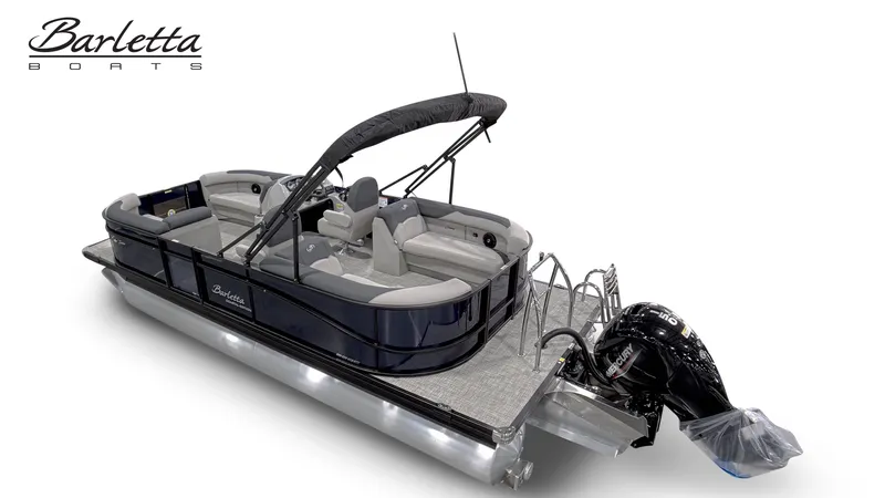 Slide: The Image of 2026 Barletta SANZA 22QC, a sleek pontoon boat with a black hull and outboard motor. - 27