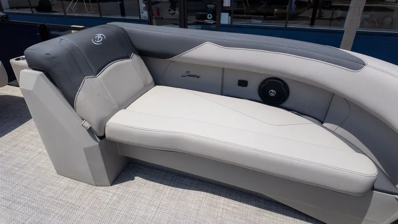 Slide: The Image of The image shows a luxurious gray and white boat seat with elegant stitching. - 17