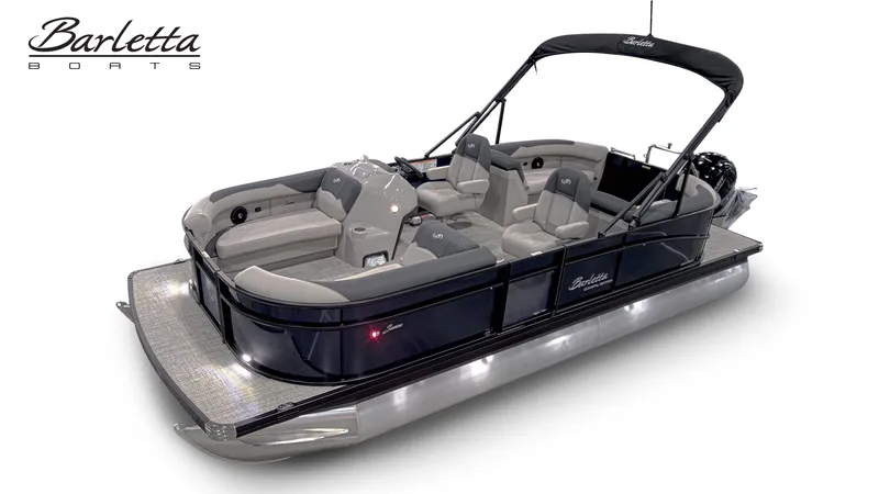 Slide: The Image of 2026 Barletta SANZA 22QC, a sleek pontoon boat with gray seating and a black frame. - 25