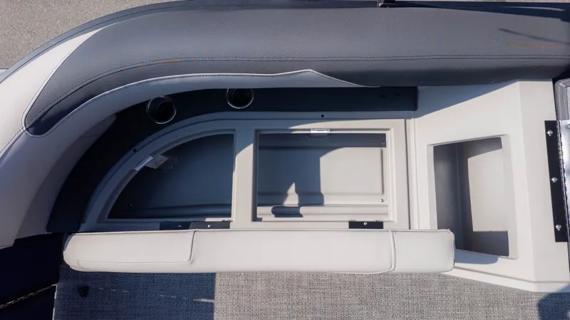 Slide: The Image of Interior view of a 2026 Barletta Sanza S22QC with gray upholstery and cup holders. - 11