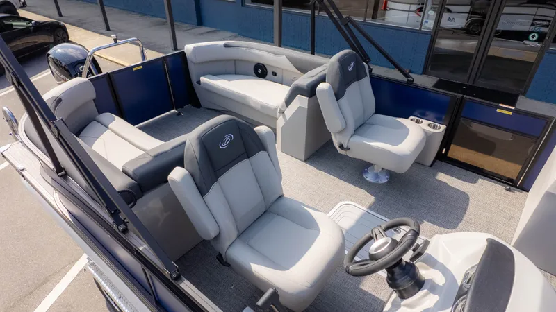 Slide: The Image of The image shows the interior of a 2026 Barletta Sanza S22QC with gray seating. - 3