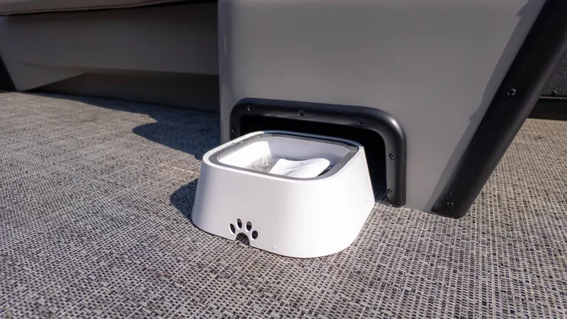 Slide: The Image of A white bowl with a paw print sits on a gray carpeted floor. - 17