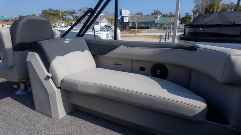 Slide: The Image of The image shows the interior of a 2026 Barletta Sanza S22QC boat with gray seating. - 4