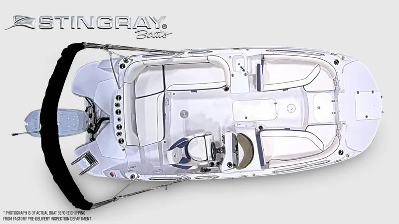 Slide: The Image of Aerial view of a white Stingray 192 SC boat with seating and a helm console. - 4