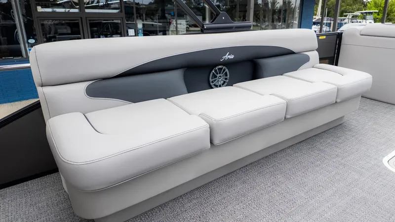 Slide: The Image of The 2026 Barletta Aria A22CC features a sleek, cushioned bench seat with gray upholstery. - 10