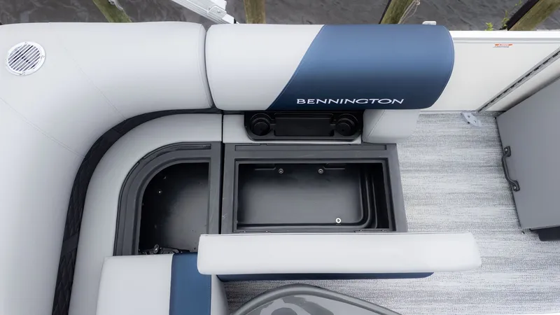 Slide: The Image of Interior view of a Bennington 21 S Fish and Cruise boat with gray and blue upholstery. - 7