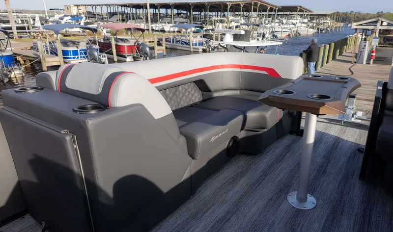Slide: The Image of The image shows the stern of a Bennington 22 S Swingback with gray and red upholstery. - 10