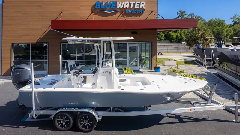 Slide: The Image of Tidewater 2110 Bay Max boat on a trailer in front of a building with BlueWater Marine sign. - 18