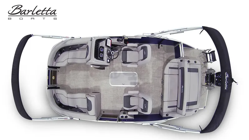 Slide: The Image of Top view of a Barletta A22UC pontoon boat with spacious deck and multiple seating areas. - 5